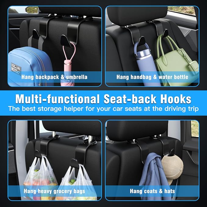 4-Pack Car Headrest Hooks Vehicle Storage Organizer for Purses Handbags Groceries Backpack Coats –Holds 55lbs 360° Rotating Black