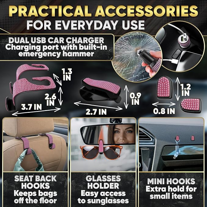 Pink Car Accessories Set, 27 Pieces – Bling Car Accessories for Interior Styling with Rhinestone Details for Daily Use, Universal Fit Kit for Steering Wheel, Vents, Mirror Area, Great Gift for Women