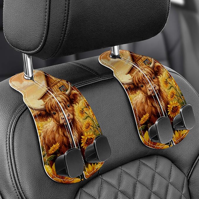 Purse Holder for Car, 2 Pack Heavy Duty Purse Hanger for Car, PU Leather Car Seat Hooks for Purses and Bags, Cute Cow Headrest Organizer for Handbags & Backpacks