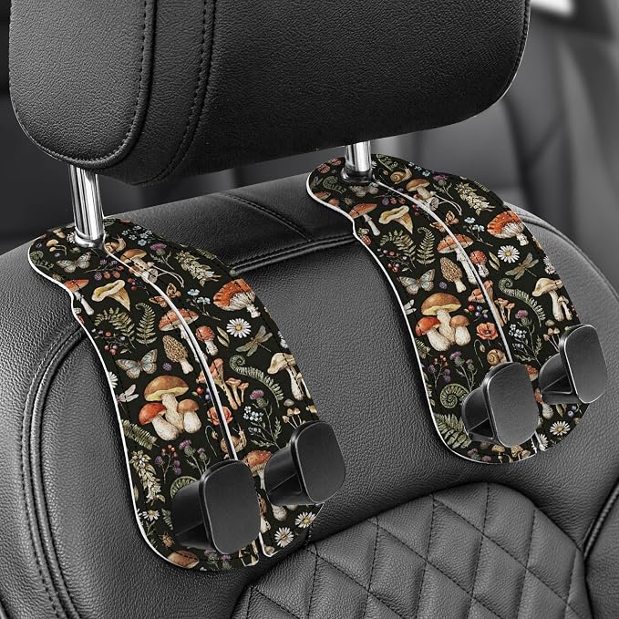 Purse Holder for Car, 2 Pack Heavy Duty Purse Hanger for Car, PU Leather Car Seat Hooks for Purses and Bags, Cute Mushrooms Headrest Organizer for Handbags & Backpacks