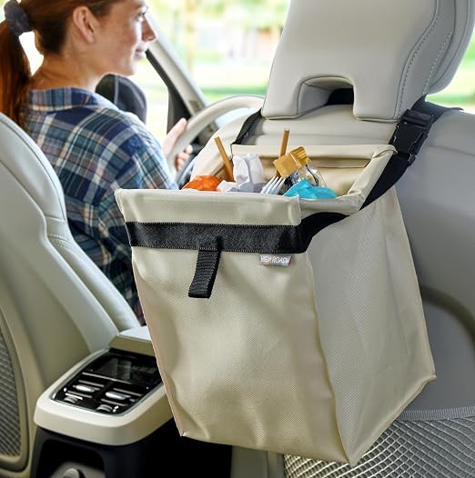 TrashStash Hanging Car Garbage Bag with Push-Close Lid and Waterproof Bin for Cars, SUVs and Trucks - Holds 3 Gallons of Car Trash, Tan