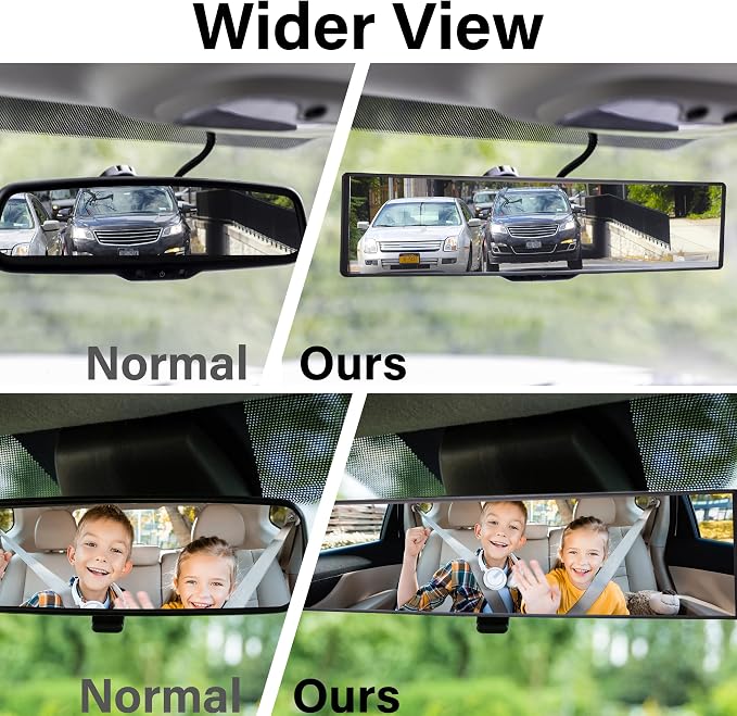 Rear View Mirror, Universal 11.4 Inch Interior Clip On Panoramic Convex Mirrors for Car Accessories, HD Anti Glare Wide Angle and Reduce Blind Spot, Extended Rear View Mirror for Cars, SUVs, Trucks