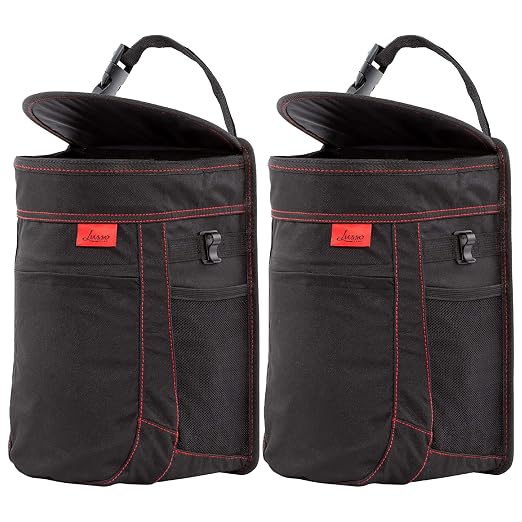 Spill-Proof Car Trash Can (2 Pack) - Easy to Clean Hanging Garbage Bin - Leak-Proof, Removable Liner, Waterproof - Keeps Truck, SUV, Car, Minivan Clean & Odor Free (Black, Red Stitching)