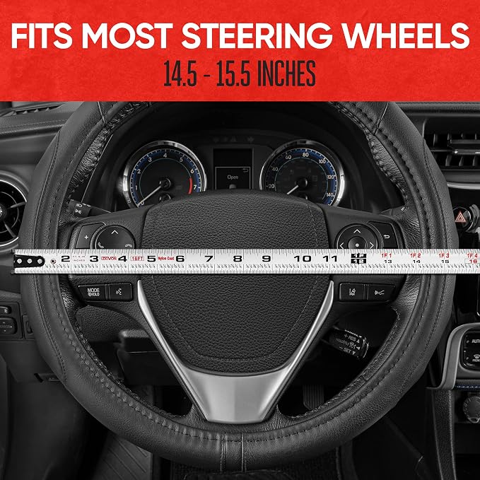 GripDrive Faux Black Leather Steering Wheel Cover for Car Truck Van SUV, Standard 15 inch Size, Solid Black Stitched Car Steering Wheel Cover Vehicle & Auto Accessories