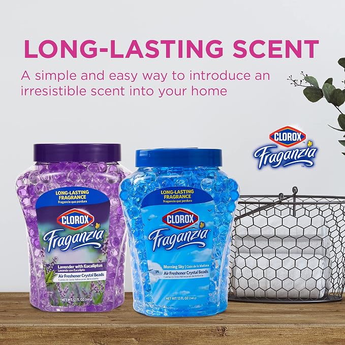 Fraganzia Crystal Beads Air Freshener, Long Lasting Room Deodorizer and Odor Eliminator Gel Beads to Freshen Home, Car, or Office, Morning Sky Scent, 12 Fl Oz - 6 Pack