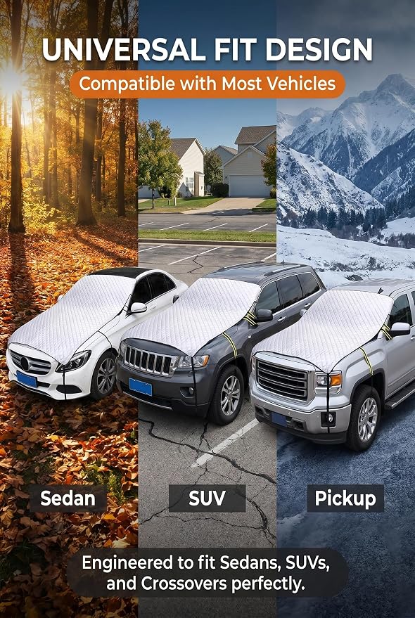Half Car Cover, Windshield Cover for Ice and Snow, Hail Protector Car Covers, Aluminum Foil Heat Block Sunshade Hood Covers, Universal for Most Cars, SUVs, Trucks (Silver)