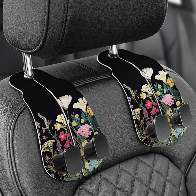 Purse Holder for Car, 2 Pack Heavy Duty Purse Hanger for Car, PU Leather Car Seat Hooks for Purses and Bags, Cute Floral Headrest Organizer for Handbags & Backpacks