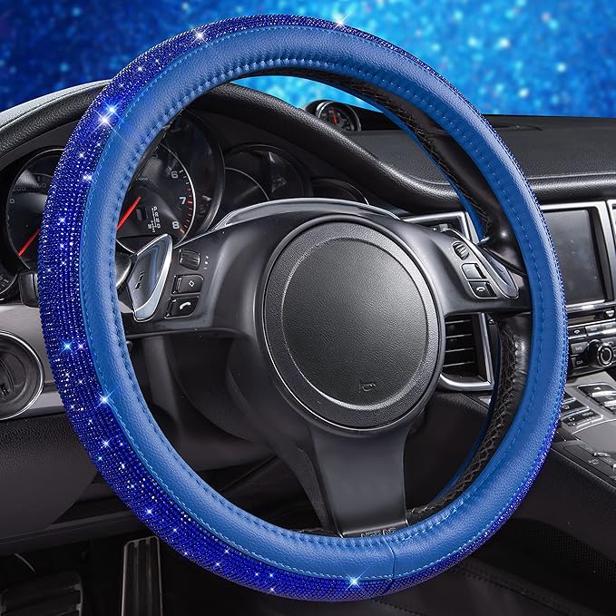 Bling Diamond Leather Steering Wheel Cover, with Bling Sparkly Crystal Glitter Rhinestones Universal Fit 14" 1/2-15" Car Wheel Protect for Women Girl Fit Suvs,Vans,Sedans,Cars,Trucks, Blue