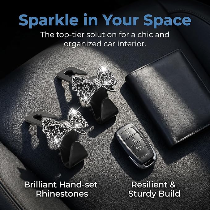 2PCS Bling Bow Car Seat Headrest Hooks, S Type Crystal Rhinestone Bowknot Auto Seat Back Storage Hooks, Diamond Cute Bow Vehicle Storage Organizer, Universal for Purses Bags Groceries(Black)