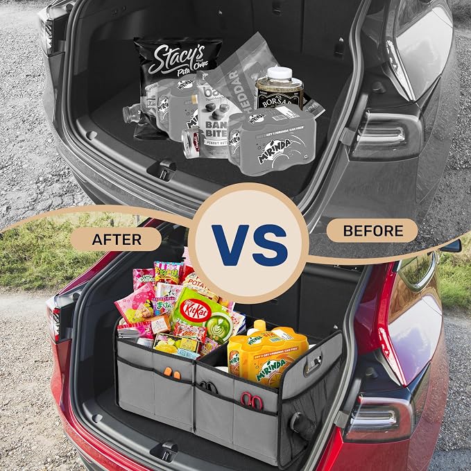 Trunk Organizer for Car/SUV/Truck, Collapsible 2 Compartment Automotive Storage Box, 600D Waterproof Oxford Polyester 50L Travel Accessories, Anti-slip & Leak-proof, Grey (Pack of 2)
