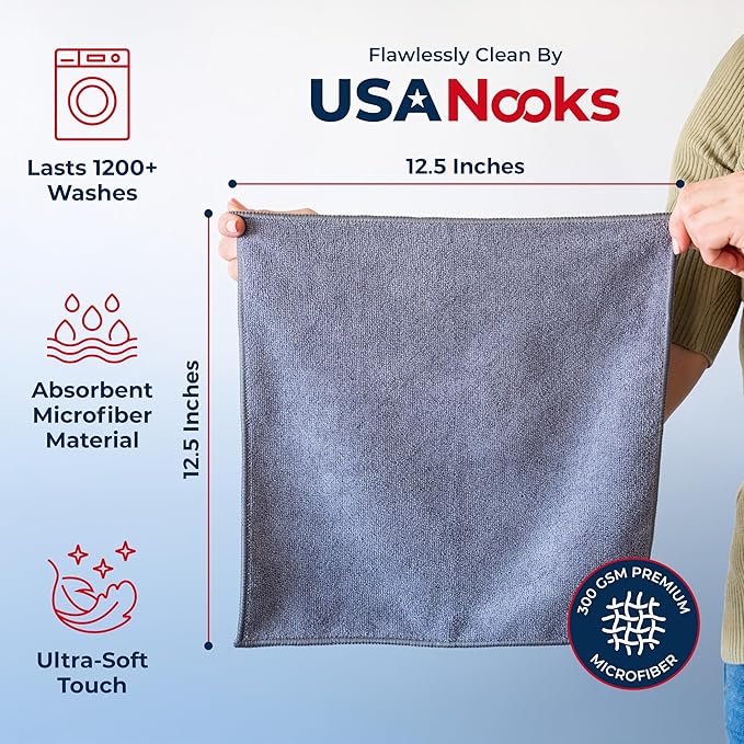 Microfiber Cleaning Cloth Grey - 24 Pcs (12.5"x12.5") - High Performance - 1200 Washes, Ultra Absorbent Microfiber Towel Weave Grime & Liquid for Streak-Free Mirror Shine - Car Washing Cloth