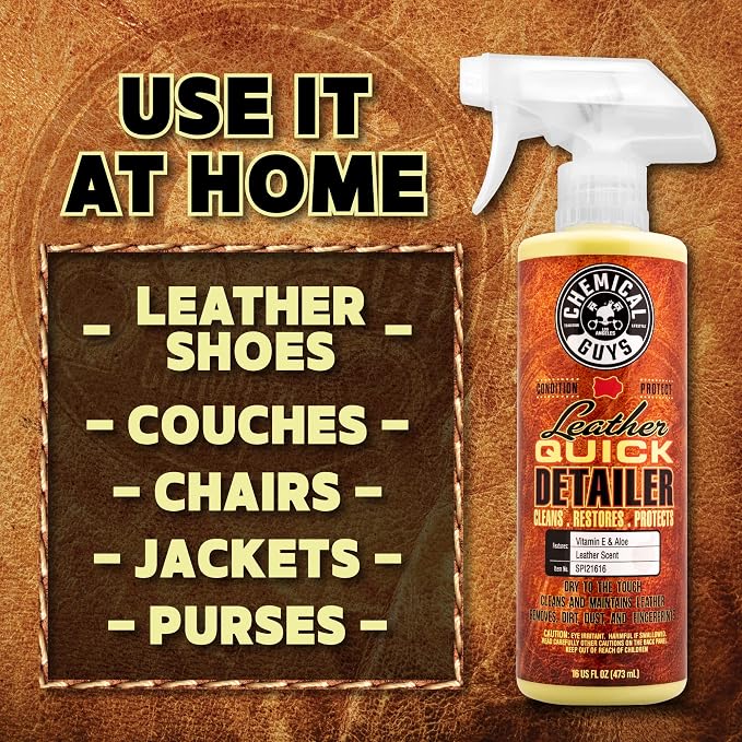 Leather Quick Detailer - Interior Cleaner and Conditioner for Natural, Synthetic, Pleather, and More, Safe for Car Seats, Furniture, Apparel, Shoes & Boots, Leather Scented - 16 fl oz