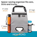 Car Organizer with Car Trash Bin and Tissue Holder - Holds Full Size Tissue Box, Bottles and Wipe Containers - 2 Gal Leakproof Covered Trash Can with Push-Close Lid