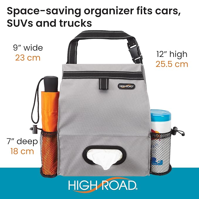 Car Organizer with Car Trash Bin and Tissue Holder - Holds Full Size Tissue Box, Bottles and Wipe Containers - 2 Gal Leakproof Covered Trash Can with Push-Close Lid