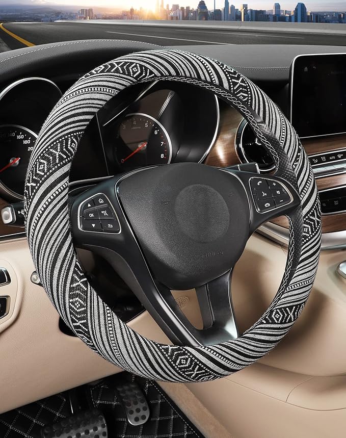 Boho Steering Wheel Cover with Baja Blanket Cloth, Ethnic Style Auto Wheel Cover Made of Coarse Flax, Fits 14 1/2-15 1/4 inches Car Wheel