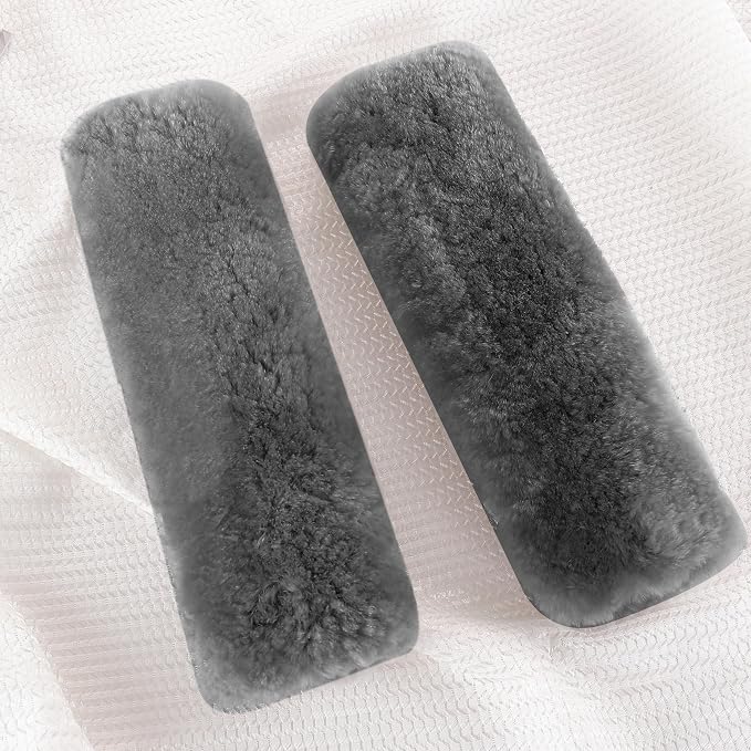 Authentic Sheepskin Seatbelt Cover Real Wool Car Truck SUV Airplane Seat Belt Shoulder Pad for Carmera Backpack Straps Neck Cushion Protector 2 Pack Dark Grey