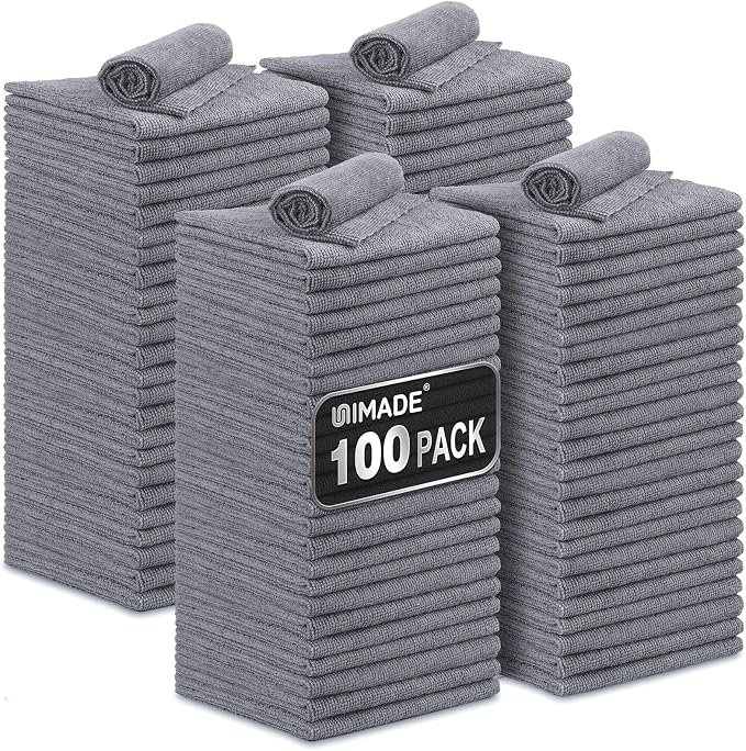 Microfiber Cleaning Cloth, 100 Pack Microfiber Towels for Cars Commercial Grade Work Rags Bulk Detailing Cloth for Automotive Bar Mechanic Restaurant Garage Housekeeping, 11.5"x 11.5", Grey