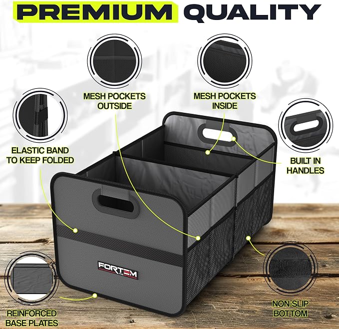 Car Trunk Organizer, Collapsible Two Compartment Organizer, Foldable SUV & Truck Storage for Car Accessories for Women Men, Non Slip Bottom, Sturdy Side Walls, Strong Handles, 45L