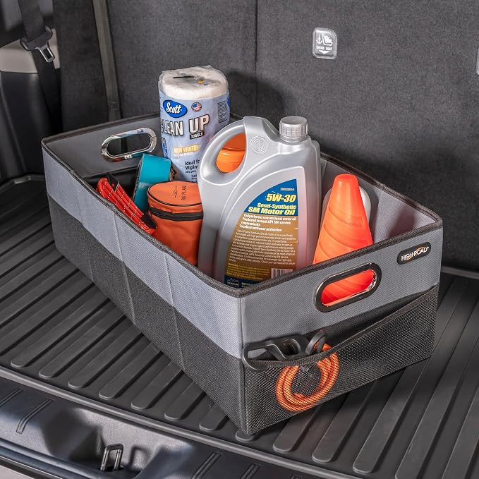 CargoCube Car Storage Bin - Leakproof Car Trunk Storage Organizer with Metal Handles and Front Mesh Pocket, 12x24 Inches - Single pack