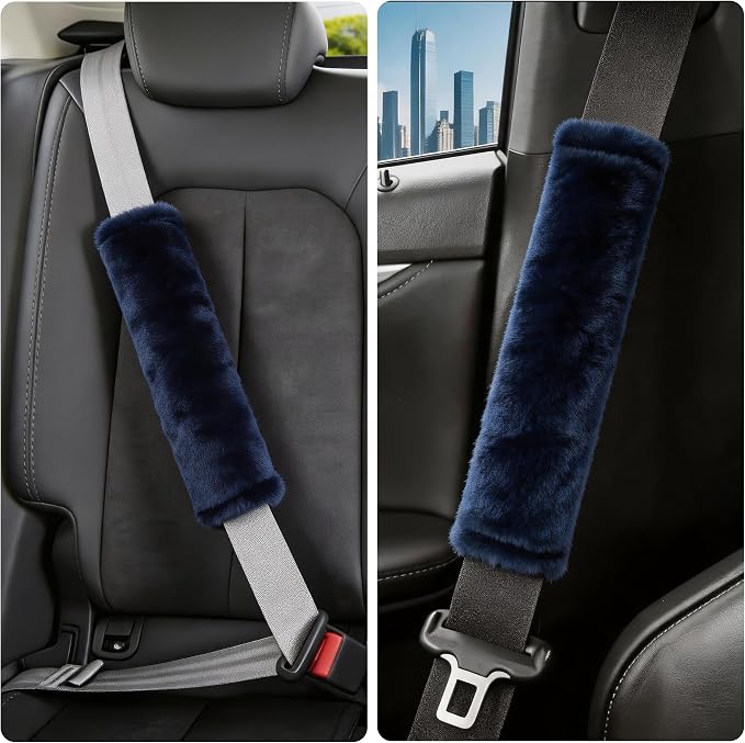 Soft Faux Fur Universal Fit Seatbelt Cover Car Truck SUV Airplane Seat Belt Shoulder Pad for Carmera Backpack Straps Neck Cushion Protector 2 Pack 10.5in Dark Blue