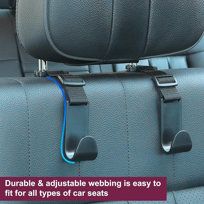 Adjustable 4-Pack Car Headrest Hooks - Universal Seat Back Organizer with Heavy-Duty Clip for Purses, Bags & Groceries Black