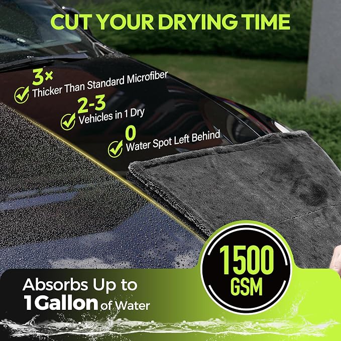 Drying Towel for Car Detailing, 1500 GSM Ultra Super Absorbent, 24"x36" XL Soft Microfiber Towels for Cars, Twisted-Loop & Streak Free Microfiber Towels for Cars, Trucks, SUVs