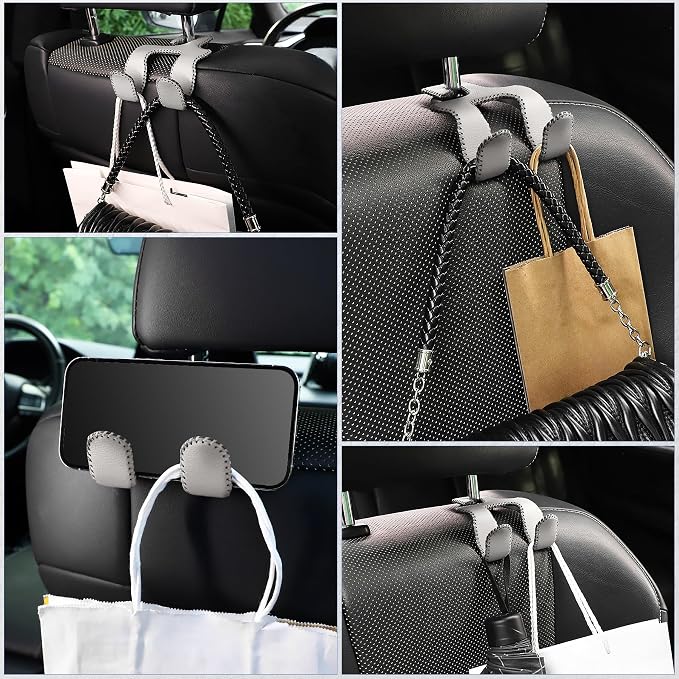 Upgraded Superior Leather Car Seat Back Headrest Hook, 2 in 1 Auto Seat Hook Hangers Holder Organization Interior Accessories for Purses Coats Umbrellas Grocery Bags Handbag (Gray)