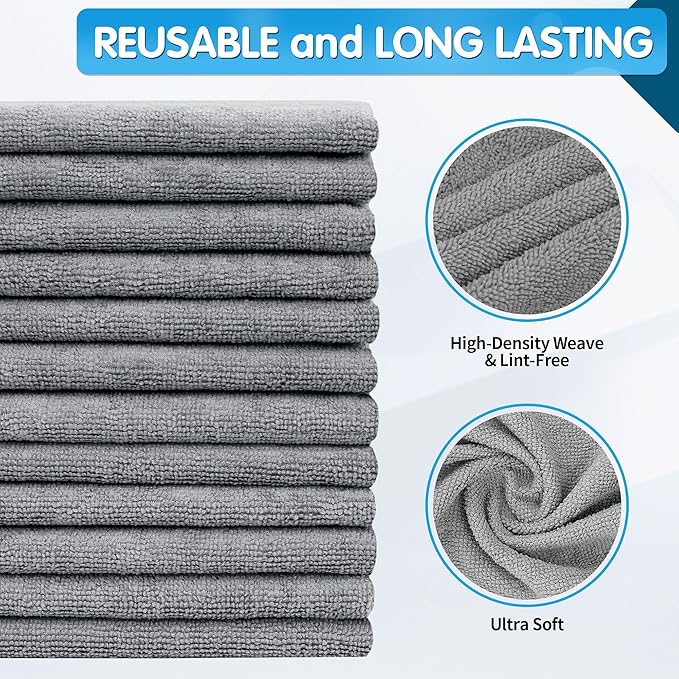 Grey Microfiber Cleaning Cloth, Pack of 50, 16"X12" Cleaning Rags for Housekeeping and Kitchen, Reusable Shop Towels, Microfiber Towels for Cars, Lint Free, Scratch-Free, Highly Absorbent