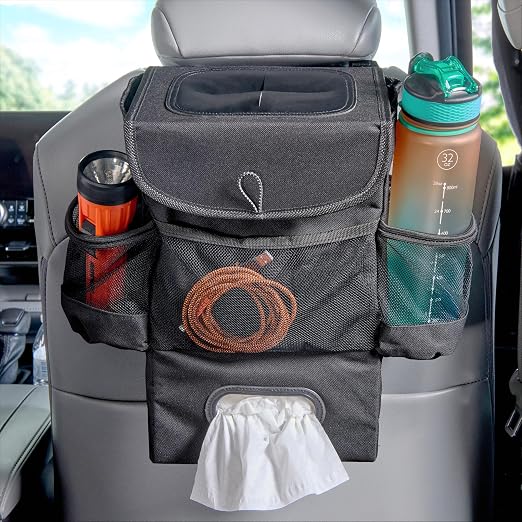 StashAway Car Trash Can with Tissue Holder - Car Organizer with Trash Can, Tissue Dispenser and 3 Storage Pockets for Bottles, Flasks, Wipes and Driving Essentials