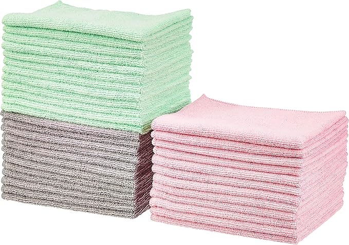 Microfiber Cleaning Cloths, Ultra Absorbent, Scratch Free, Non-Abrasive, Reusable and Washable, All-Purpose, Car Detailing, 16" x 12", Green/Gray/Pink, 36-Pack