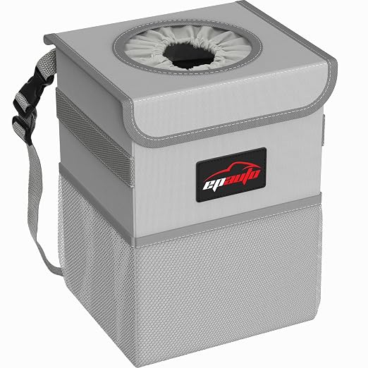 Waterproof Car Trash Can with Lid and Pockets, 2.5 Gal, Gray | Leakproof, Collapsible Multipurpose Car Bin with 3 Side Storage Pockets, Adjustable Straps