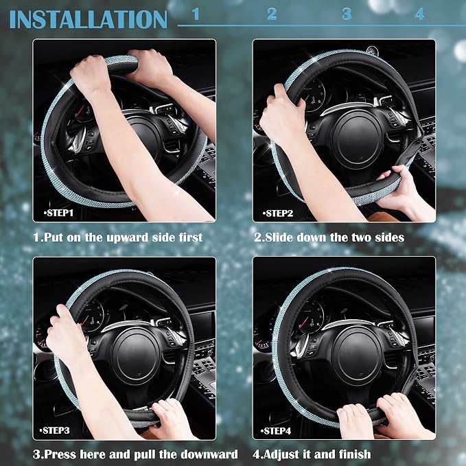 Mint Diamond Black Leather Steering Wheel Cover, Bling Blue Crystal Rhinestones Universal Fit 14"1/2-15" Crystal Glitter for Women Sparkle Girl Fit Suvs,Vans,Sedans,Cars,Trucks, Mint Diamond