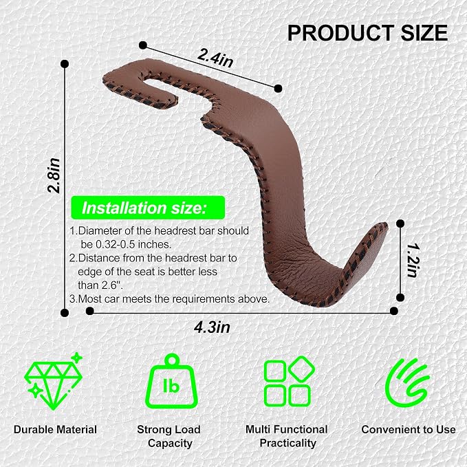 Car Seat Headrest Hook, Universal Vehicle Storage Hanger, Leather with Metal Car Seat Back Organizer for Handbag, Purse, Coat, Ergonomic Design, Brown 2 Pack