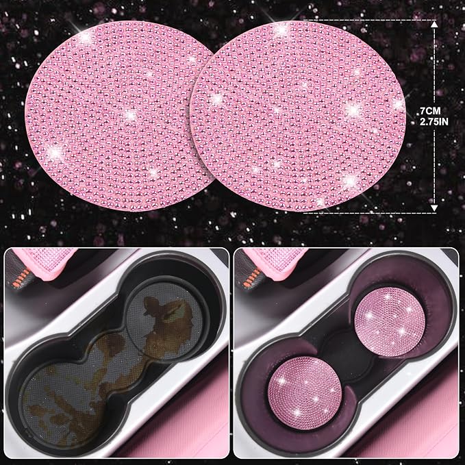 11 PCS Bling Car Accessories Set for Women, Sparkly Rhinestone Diamond Steering Wheel Cover, Bling Seat Belt Cushion, Shift Knob Cover, Push Start Button Ring, Car Cup Holder Coaster, Pink