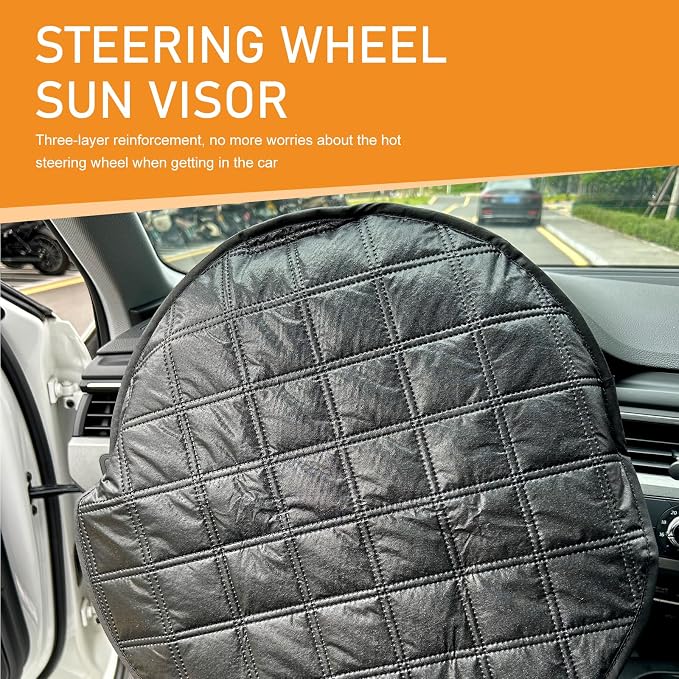 Shakas Car Steering Wheel Cover Sun Shade, Aluminum Film Car Wheel Cover Heat Insulation Cooling, Thickened Anti-aging Foldable Reflective Protector, for Most Cars SUV Truck Van (Black)