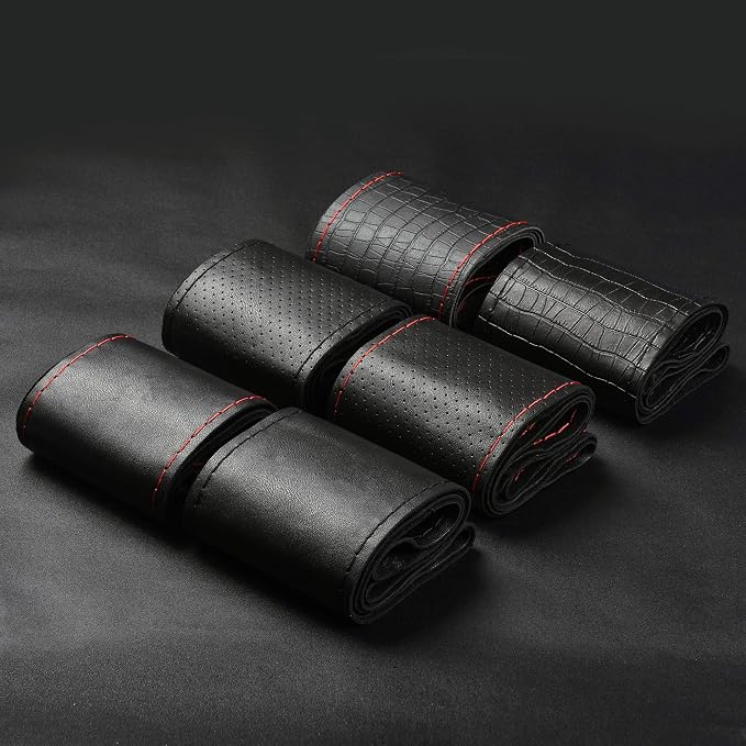 Universal Car Steering Wheel Cover with Top Genuine Leather, Anti-Slip Design and Soft Padding, Stitching Style (Black Leather with red Thread)
