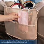Car Net Pocket Handbag Holder Between Seats Back Storage Organizer 3 - Layers Purse Holder for Console Front Seat Storage Barrier, Beige