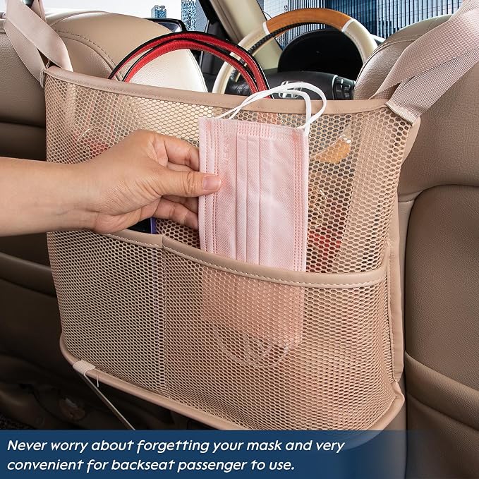 Car Net Pocket Handbag Holder Between Seats Back Storage Organizer 3 - Layers Purse Holder for Console Front Seat Storage Barrier, Beige