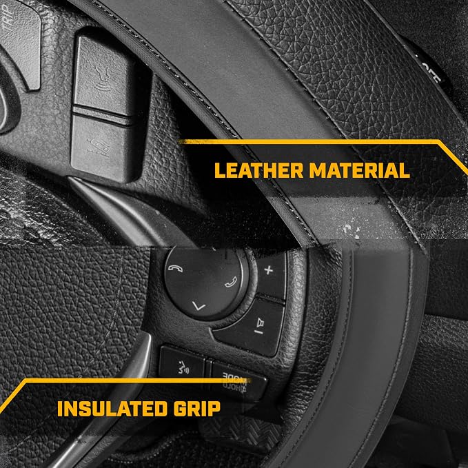 Cat® EasyWrap Faux Black Leather Steering Wheel Cover, Self Wrapping Car Steering Wheel Cover for Auto Truck Van SUV - Standard 14.5" - 15 Inches