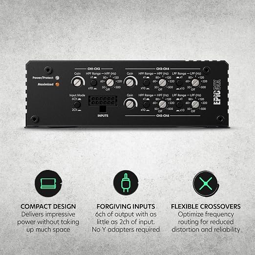 EPICSIX 6-Channel 1200W RMS Digital Class D Full-Range Car Audio Amplifier, Compact High-Power, High/Low Pass Crossover, RCA Line Level Inputs for Aftermarket Radios, Smart Protection