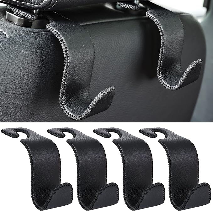 Car Seat Headrest Hook 4 Pack Metal Core Hanger Universal Car Storage Organizer for Handbag Purse Coat S Type Leather Black