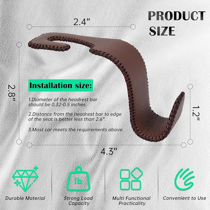 Car Seat Headrest Hook Universal Vehicle Storage Hanger Leather with Metal Car Seat Back Organizer for Handbag Purse Coat Brown 2 Pack