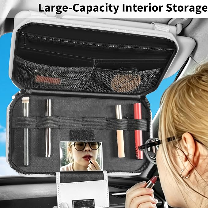 Car Sun Visor Organizer with Zipper Pockets PU Leather Storage Bag with Elastic Straps and Glasses Clip Sunvisor Organizers for Car SUV Truck