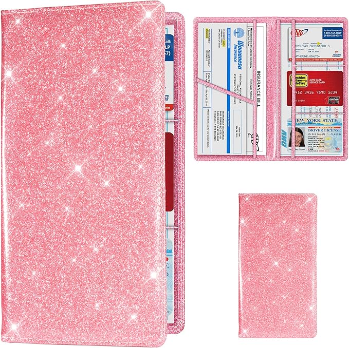 Car Registration and Insurance Card Holder, Vehicle License Document Glove Box Compartment Organizer, Interior Car Accessories for Women Men (Glitter Pink)