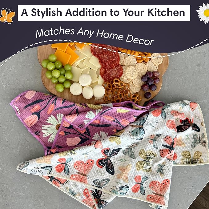 Microfiber Hand Towel & Washcloth Set of 2 - Double-Sided, Waffle Weave, Super Absorbent, Lint-Free, Fast Drying - for Bathroom, Kitchen, Car, and Window Cleaning (Wings & Flower Farm - Purple/Cream)