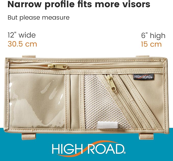 Car Visor Organizer with Zippered Pockets, Sunglasses Sleeve and Clear Photo or Registration and Insurance Pocket - Heavy Duty Straps Fit Most Car, SUV and Truck Visors - Tan