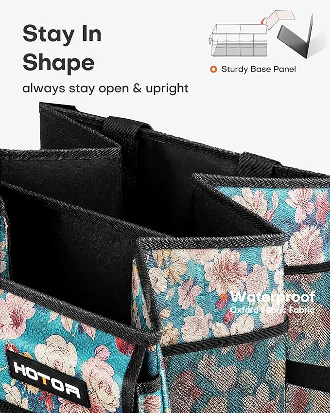 Trunk Organizer- Car Organizer, Foldable Trunk organizer for SUVs & Sedans, Sturdy Car Organization for Car Accessories, Tools, Sundries, Blue Flower, 2 Compartments, 21.3"×12.6"×10.6"