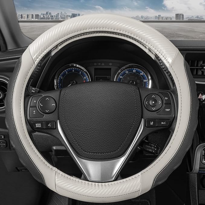 UltraSport White Carbon Fiber Steering Wheel Cover, Standard 15 inch Size, Black Faux Leather Comfort Grip, Car Steering Wheel Cover for Auto Truck Van SUV