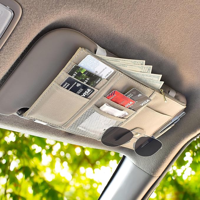 Car Sun Visor Organizer (Beige) | Multi-Pocket Net Zipper Case for Cash, Card, Pen & Sunglass | Visor Organizer Storage Pouch | Interior Accessories with Pocket for Car & Truck | Small