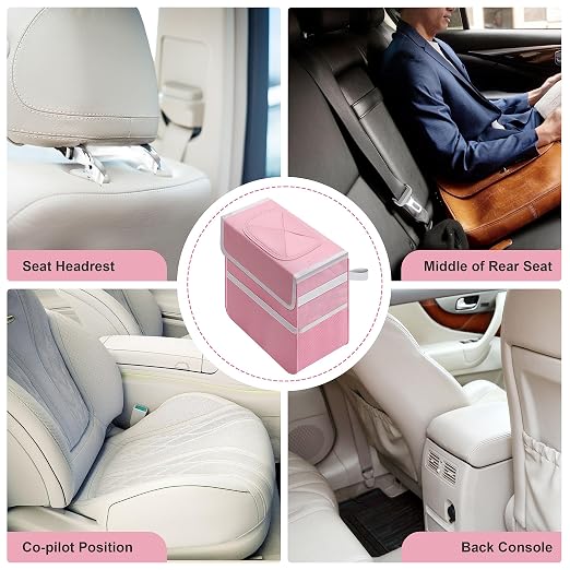 2 Gallon Car Trash Can Lid and Storage Pockets, Leak-Proof Collapsible and Portable Organizer, Multipurpose Garbage Bin with Adjustable Straps, Pink